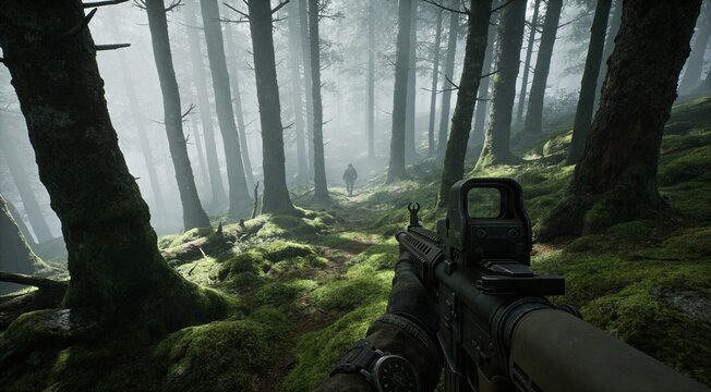 First-person shooter POV of a soldier holding a tactical rifle in a dense misty forest during a mission.