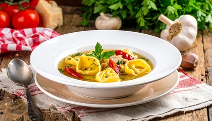 Delicious Tortellini Soup with Fresh Ingredients on a Rustic Table.