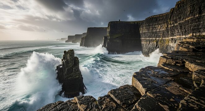 Dramatic coastal cliffs and crashing waves under a cloudy sky