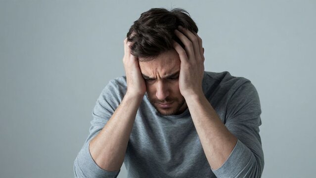 man looking at the ground with a tense expression, shoulders slightly slumped, conveying regret after a mistake