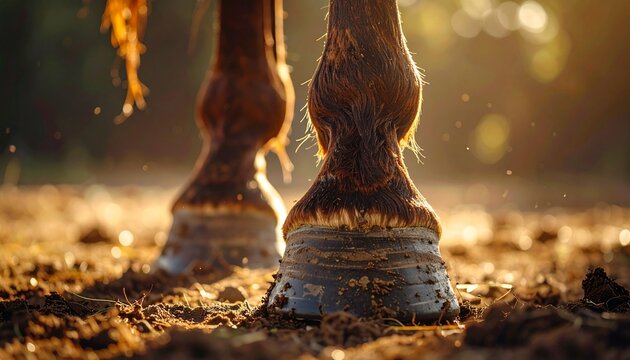 A detailed close-up, low-angle view of a horse's powerful hooves and hairy fetlocks standing firmly on the soil, illuminated by the warm, golden light of a beautiful sunrise or sunset.