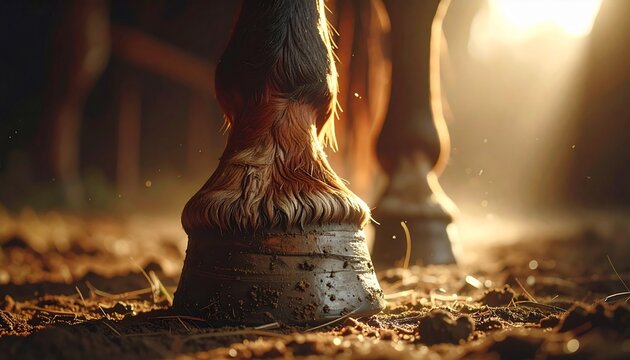 Detailed close-up of a powerful horse's hoof standing firm on earthy, muddy ground within a rustic stable. Warm, golden backlighting from a sunrise or sunset illuminates dust particles.