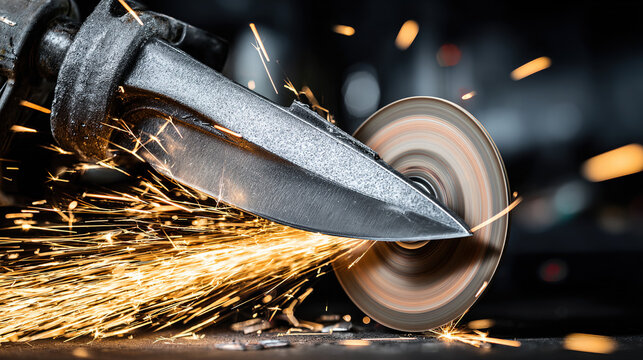 abrasive. Close-up of a grinding wheel sharpening an old knife with flying sparks in an industrial workshop. safety posters.
