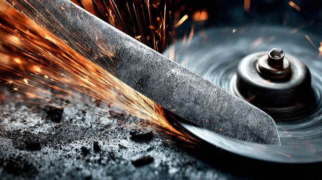 abrasive. Close-up of a grinding wheel sharpening an old knife with flying sparks in an industrial workshop. safety posters.
