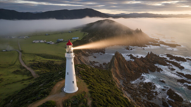 sailor. Lighthouse beam cutting through morning fog at a coastal maritime scene. travel magazines, destination branding, designed for outdoor magazines and nature guides, used by event planners.
