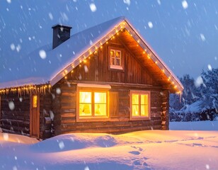 Cozy cabin in winter wonderland with Christmas lights.