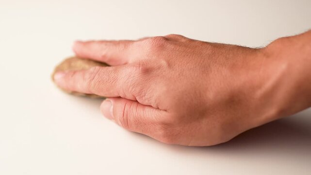Close-Up of Male Hand Holding Ancient Paleolithic Flint Knife, Prehistoric Stone Tool on White Background, 4K 50fps