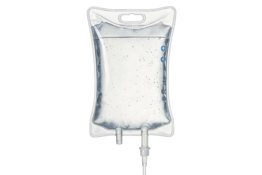 Clear plastic IV infusion bag filled with liquid, featuring a tube and ports for medical administration. Used in healthcare for fluid therapy and rehydration.