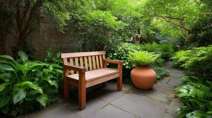 Obraz premium Serene Wooden Bench Surrounded by Lush Greenery in Tranquil Garden Setting with Elegant Pot and Pathway Leading Through Vibrant Foliage