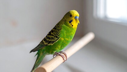 Vibrant Budgie Perched on Wooden Dowel in Natural Light.