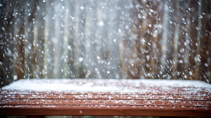 unanimity. Winter wooden surface with gentle snowfall, cold seasonal atmosphere. travel magazines, destination branding, designed for outdoor magazines and nature guides, inspires travel planning.
