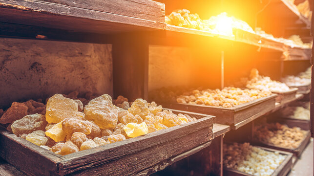 frankincense. Frankincense resin pieces arranged on wooden shelves in spice shop. menu design, packaging mockups, designed for culinary blogs and recipe cards for restaurants.
