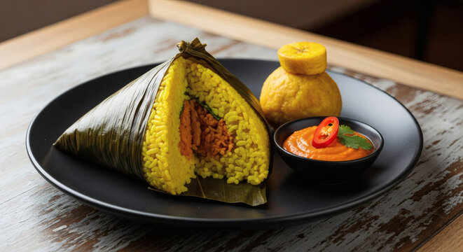 Peruvian Juane with Tacacho on Black Plate, Modern Culinary Portrait