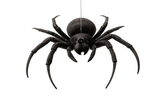 A close-up view of a black spider with hairy legs and body, isolated on a white background. It showcases arachnid anatomy with visible fangs and eight eyes.