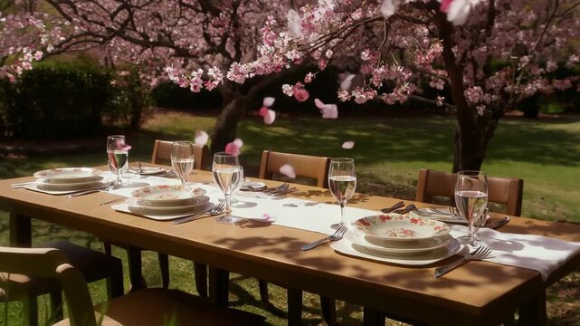 A long table set for a Spring brunch outdoors, floral plates, crystal glasses, blooming cherry blossoms overhead, dappled sunlight, elegant lifestyle.