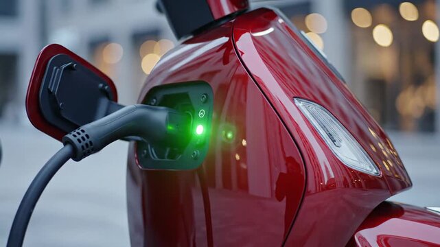Shiny Red Electric Scooter Charging Outdoors With Green Indicator Lights Illuminated On A City Street At Dusk With Bokeh Background Lights