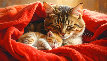 A mother cat and her kitten sleeping together peacefully.