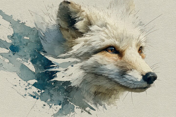 Obraz premium An artistic illustration of a fox, executed in a watercolor-graphic style with dynamic brushstrokes and a paint splatter effect. 