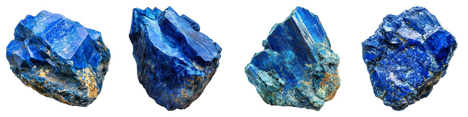 Fototapeta premium Various forms of brilliant blue stone display. The stones, with different textures and surfaces, are presented. These minerals possess a deep, rich color and unique crystalline structure.