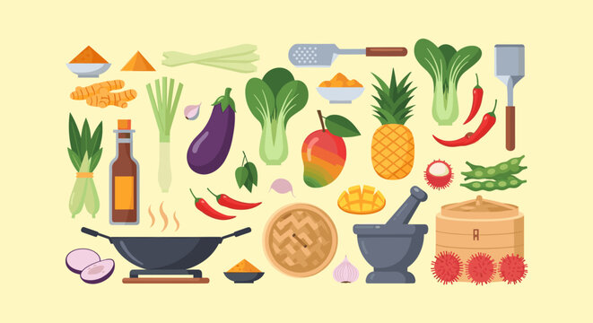 A vibrant flat lay of traditional Asian cooking ingredients, perfect for food blogs or illustrating recipes. Evokes freshness and culinary inspiration