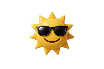 3D-rendered yellow sun emoji wearing black sunglasses, with a smiling face. Represents sunny weather, summer, and cheerful moods. Ideal for summer-themed graphics and emotive design elements.