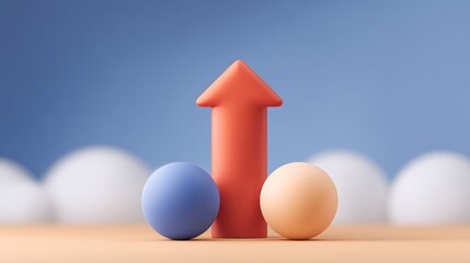 Naklejka premium Colorful abstract shapes with upward arrow and two round balls on a soft background symbolizing growth and improvement in business or creativity