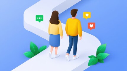 Young couple walking along a winding path with colorful chat bubbles, symbolizing communication and connection in a digital age