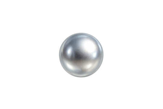 A polished metallic silver sphere with a reflective surface, isolated on a white background. The round object has a smooth, glossy texture, ideal for product or design contexts.