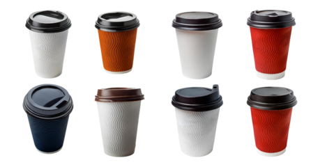 Various Disposable Coffee Cups in Different Colors and Designs, isolated on transparent background