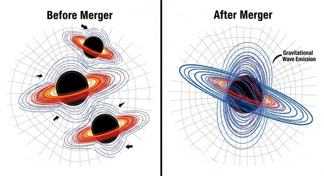 Gravitational wave emission before and after merger of celestial bodies in space with orbiting rings