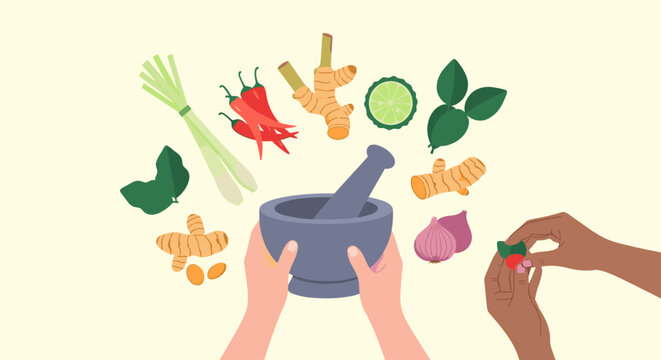 A vibrant, flat-lay illustration of fresh vegetables and spices. Ideal for food blogs, recipe websites, or promoting healthy eating and cooking.