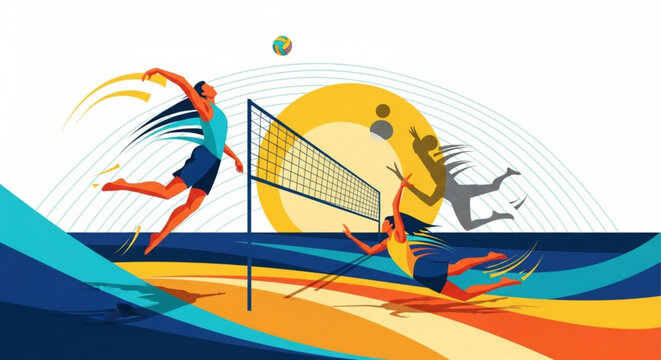 Beach volleyball players in action jumping to hit ball dynamic illustration with vibrant colors and abstract background