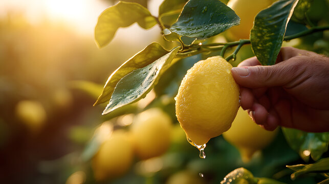 Fresh lemon being picked from tree with water droplets