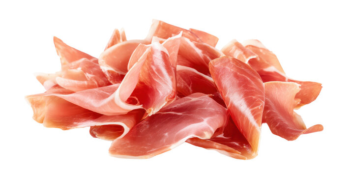 A Pile of Thinly Sliced Italian Prosciutto Crudo or Spanish Jamon Serrano an Uncooked Dry Cured Ham Isolated on a Transparent Background