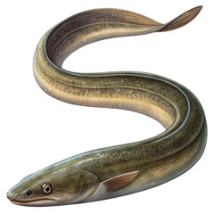 A freshwater eel curved in a gentle wave shape, wet and natural