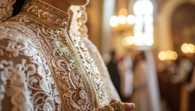 Close-up of ornate gold embroidery.