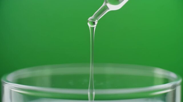 A single drop of serum falls from a pipette into a glass beaker on a green background.