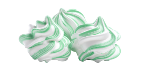 Three Sweet Meringue Cookies with a Delicate Green Swirl Design Are Arranged in a Small Cluster on a Transparent Background.