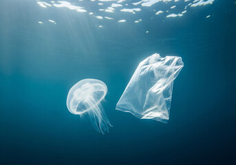 Fototapeta premium Deadly Resemblance: Jellyfish and Floating Plastic Bag Pollution in Blue Ocean