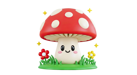 Cute Cartoon Mushroom Character with Flowers and Stars