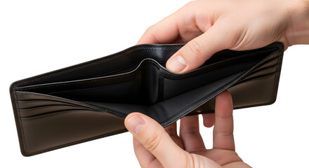 A person holding an empty black leather wallet on transparent background