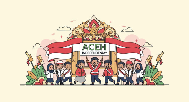 Acehnese children march in celebration, holding flags, and a sign against a decorative backdrop
