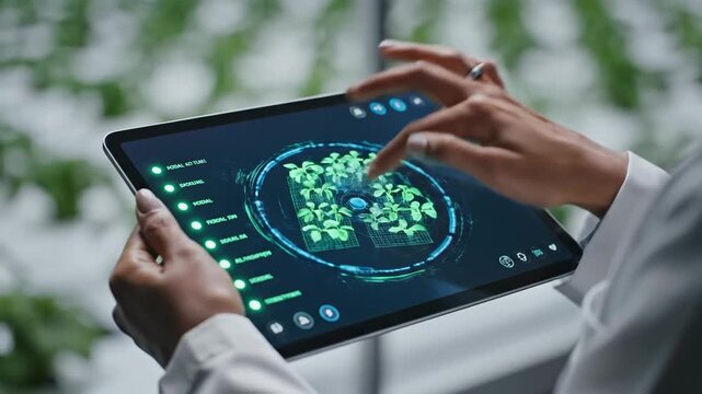 A scientist's hands monitor glowing green crops using an ai-powered digital tablet inside a futuristic vertical farm.