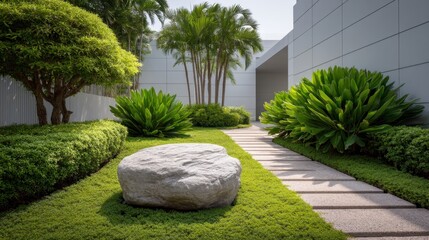 Obraz premium Serene Outdoor Garden Pathway with Lush Green Plants, Large Rock, and Modern Architecture in Sunny Urban Environment