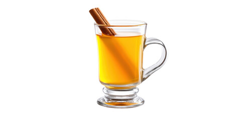 A Cozy Glass of Warm Spiced Apple Cider, a Classic Autumn Holiday Drink with a Cinnamon Stick Garnish, Isolated on a Transparent Background.