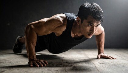 Obraz premium Intense Determination: Muscular Man in a Low Push-up Pose Under Dramatic Light
