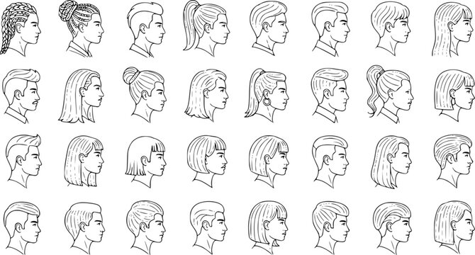 Group man woman profile line art head and hairstyle 