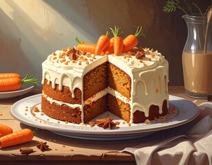 Delicious Carrot Cake with Cream Cheese Frosting and Carrot Decorations.