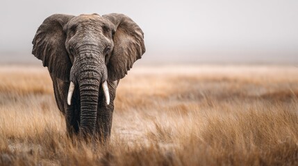 African elephant portrait in natural habitat with dry grass landscape