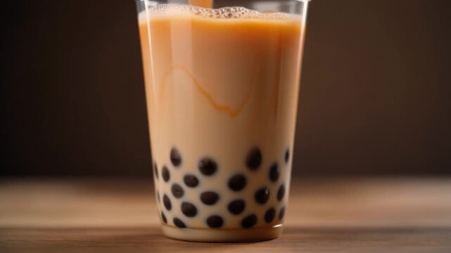 Close-up of a glass of bubble tea with boba pearls on a wooden table with a dark background.